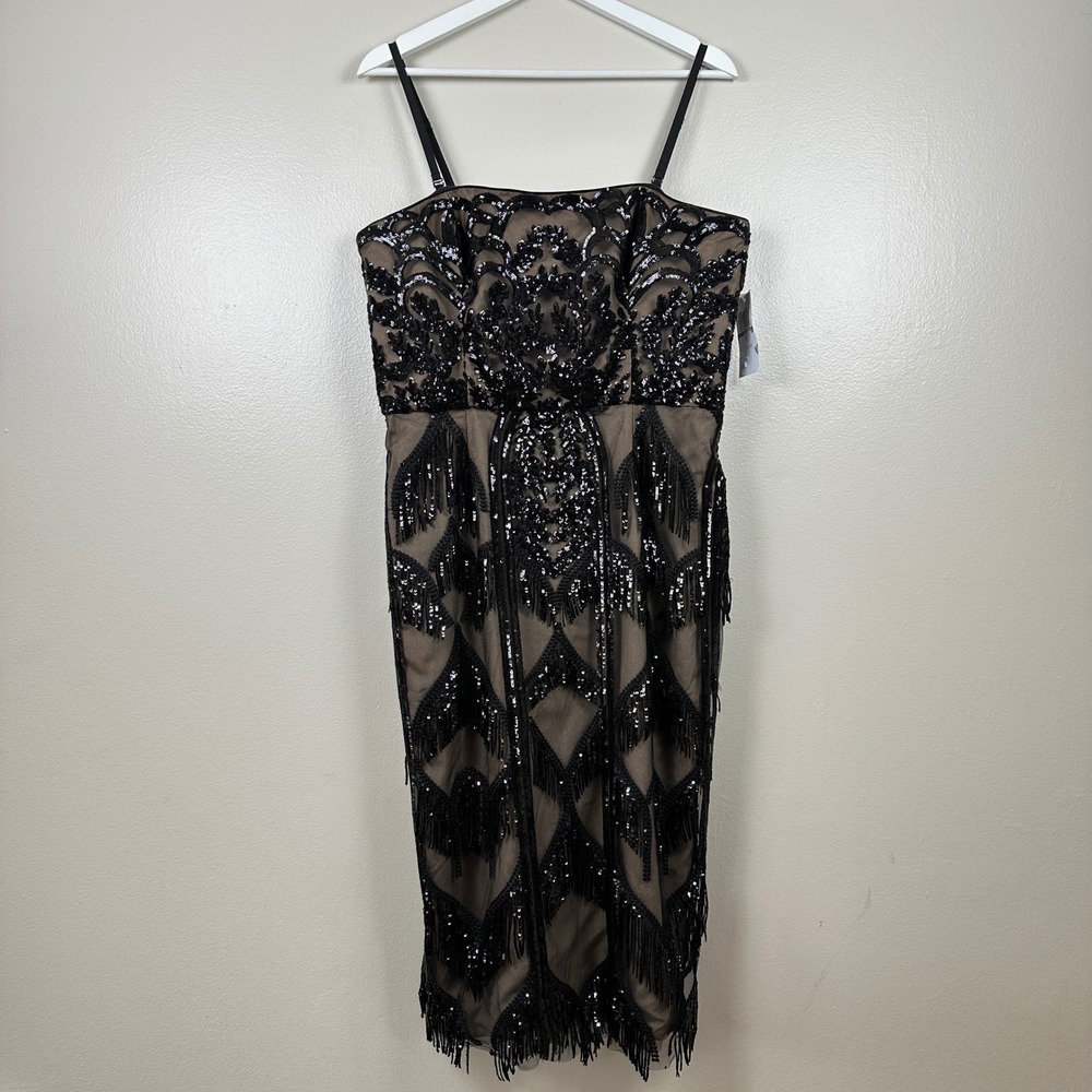 Dress the Population Women's XL Midi Dress Black Sequin Fringe Art Deco NEW